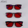 A set of three pairs of ARAS anti-blue light glasses in red and purple lenses displayed against a white background.