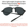 A pair of black polarized sunglasses shown in a classic design, highlighting lightweight comfort.