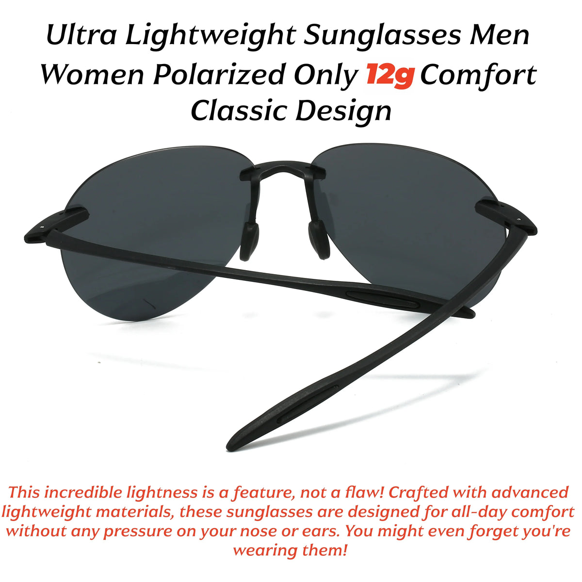 A pair of black polarized sunglasses shown in a classic design, highlighting lightweight comfort.