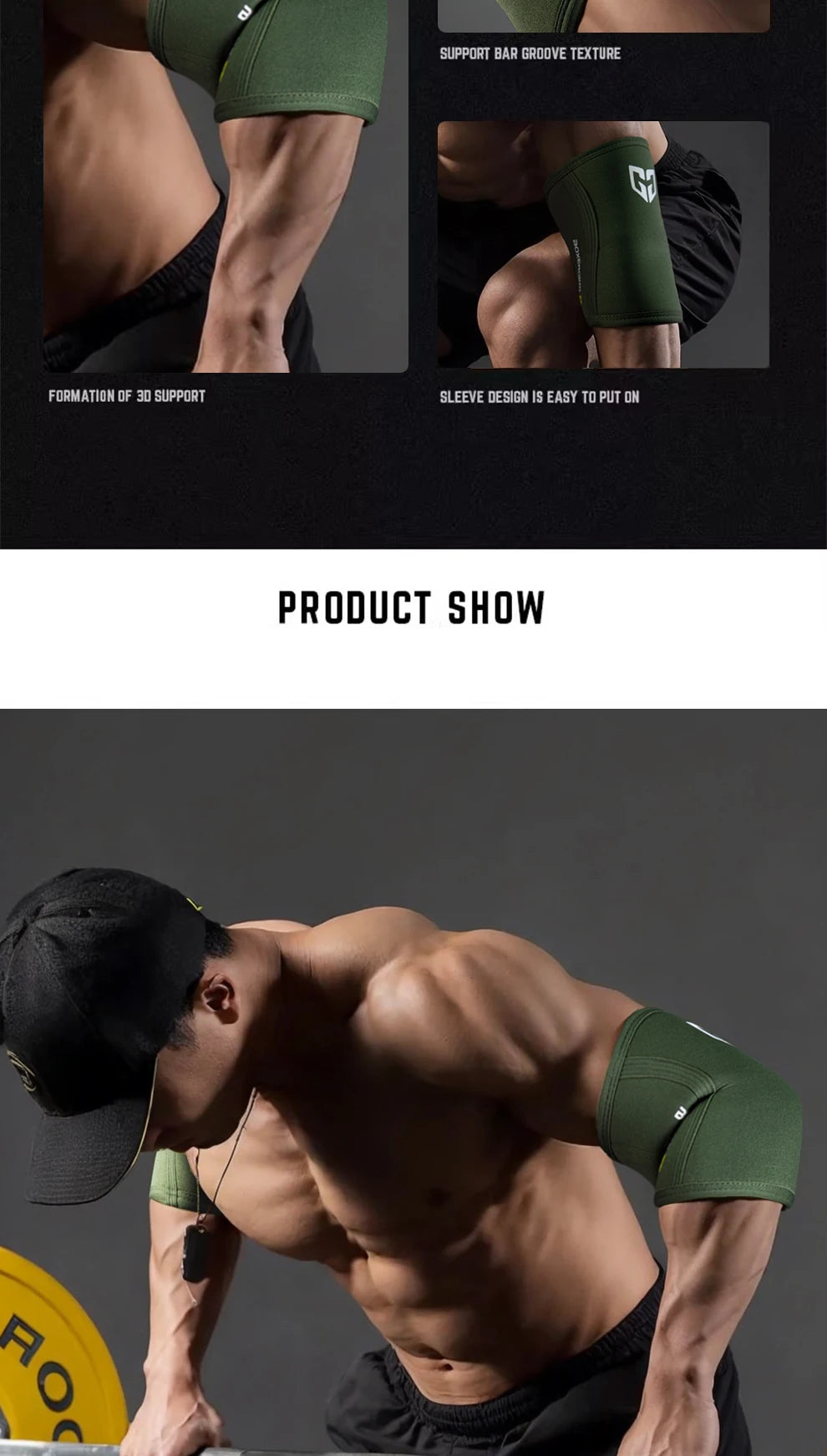 رجل مفتول العضلات يرتدي أكمام ضاغطة من النيوبرين الأخضر الزيتوني أثناء التمرين.