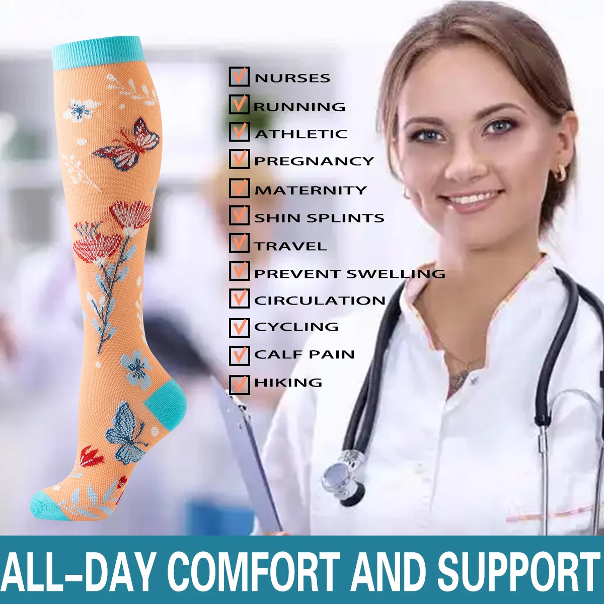 A woman wearing orange knee-high compression socks with butterfly patterns, demonstrating all-day comfort and support.
