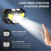 A black LED headlamp with a long press function and motion sensor is shown emitting a bright beam.