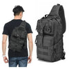 A black tactical sling backpack is shown from the back and a full view, highlighting its features.