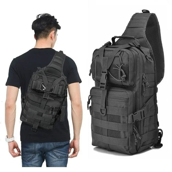 A black tactical sling backpack is shown from the back and a full view, highlighting its features.
