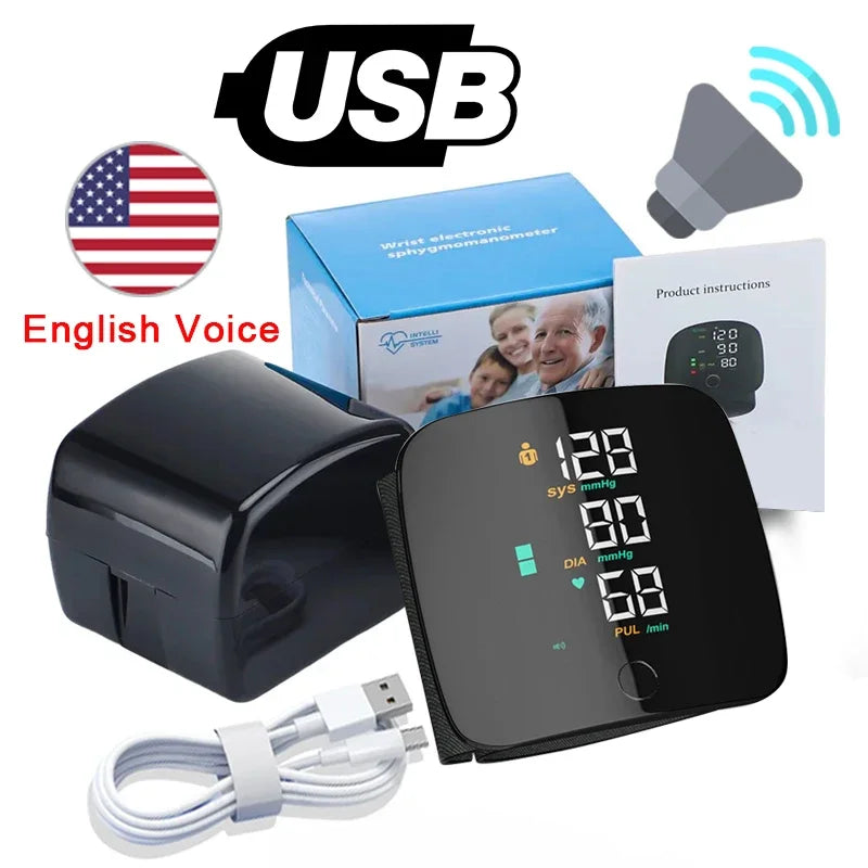 A black digital wrist blood pressure monitor with a screen displaying 128/80 mmHg, along with its box and instructions.