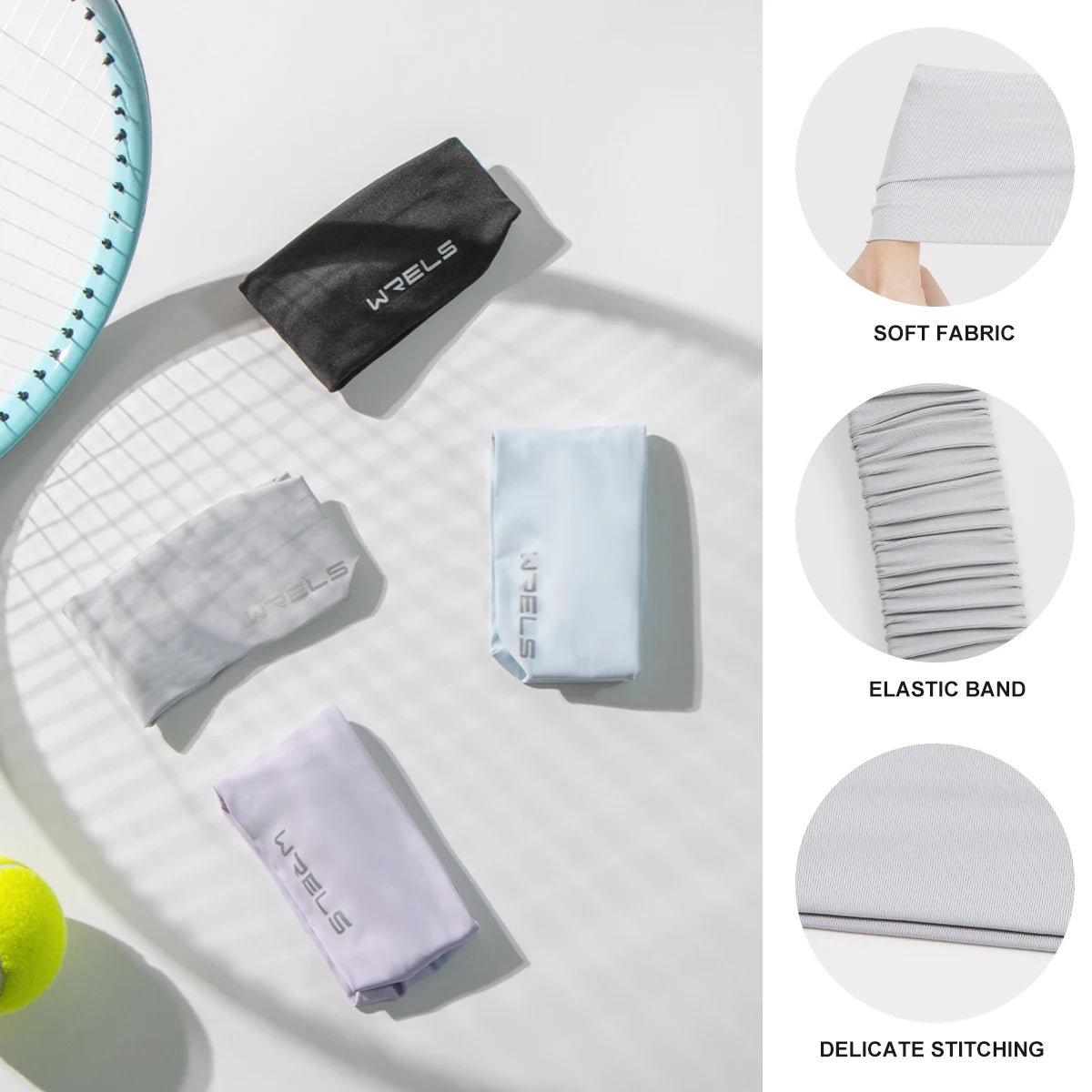 Various colors of WRELS quick-dry elastic sports headbands shown with close-ups detailing soft fabric, elastic band, and deli