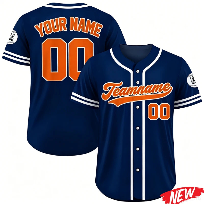 A navy blue men's baseball jersey with orange lettering and numbers on the back and front.