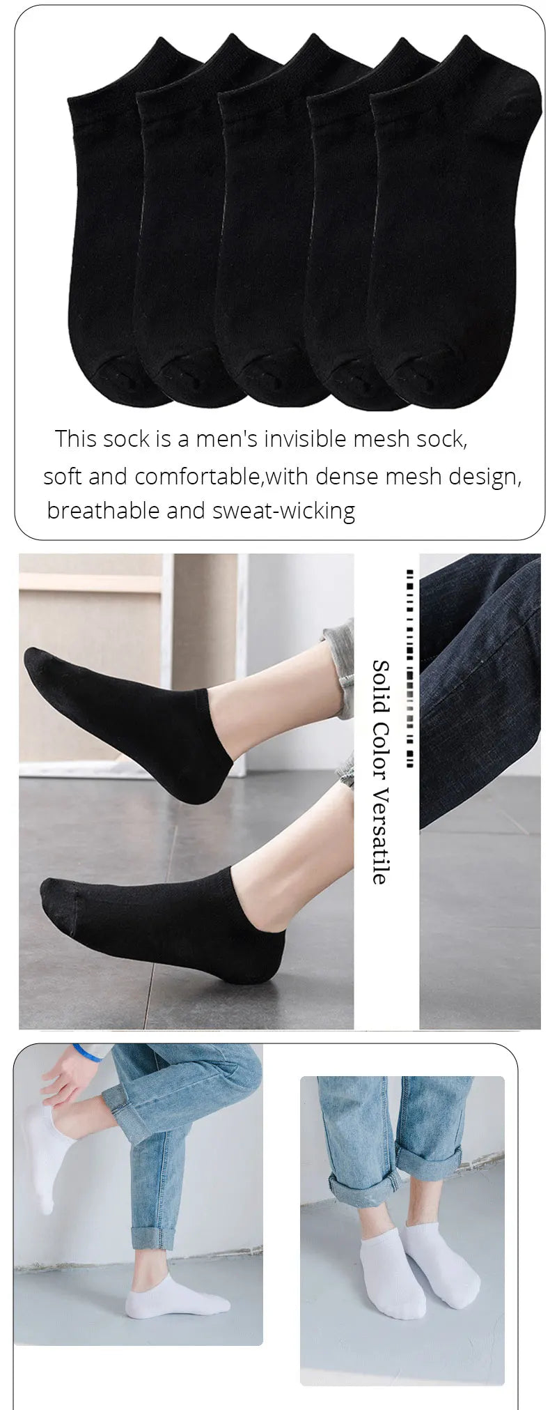 Black invisible mesh socks shown in various colors and styles for men and women
