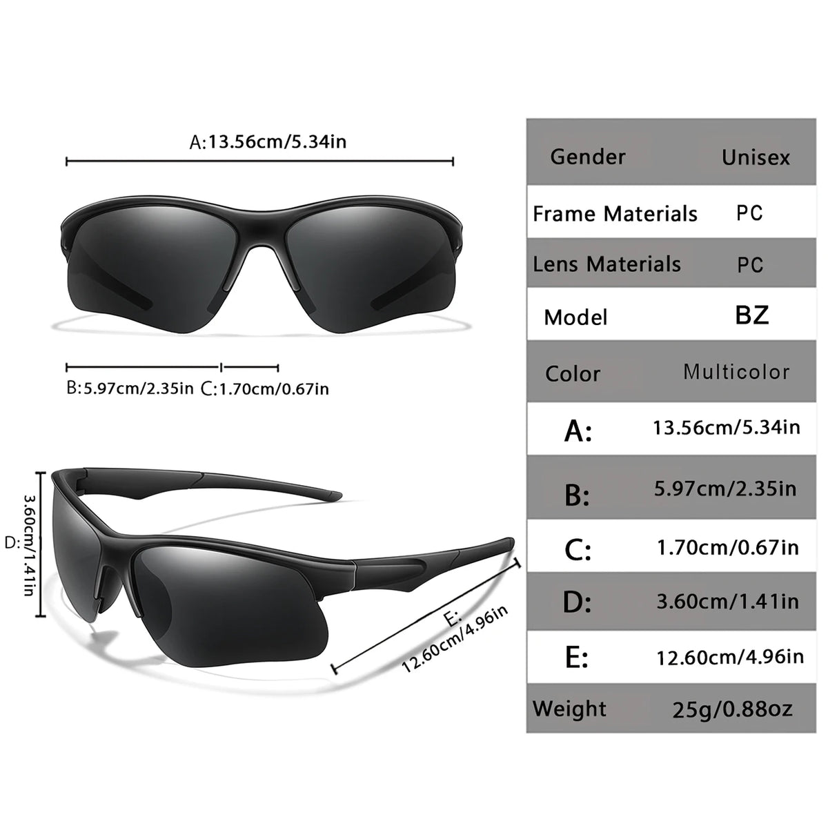 A set of black PU coated sports sunglasses with various frame and lens sizes and weights.