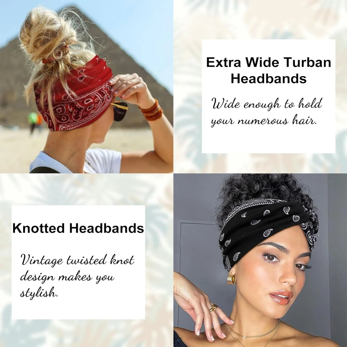 A woman models extra wide turban headbands and knotted headbands for hair accessories.