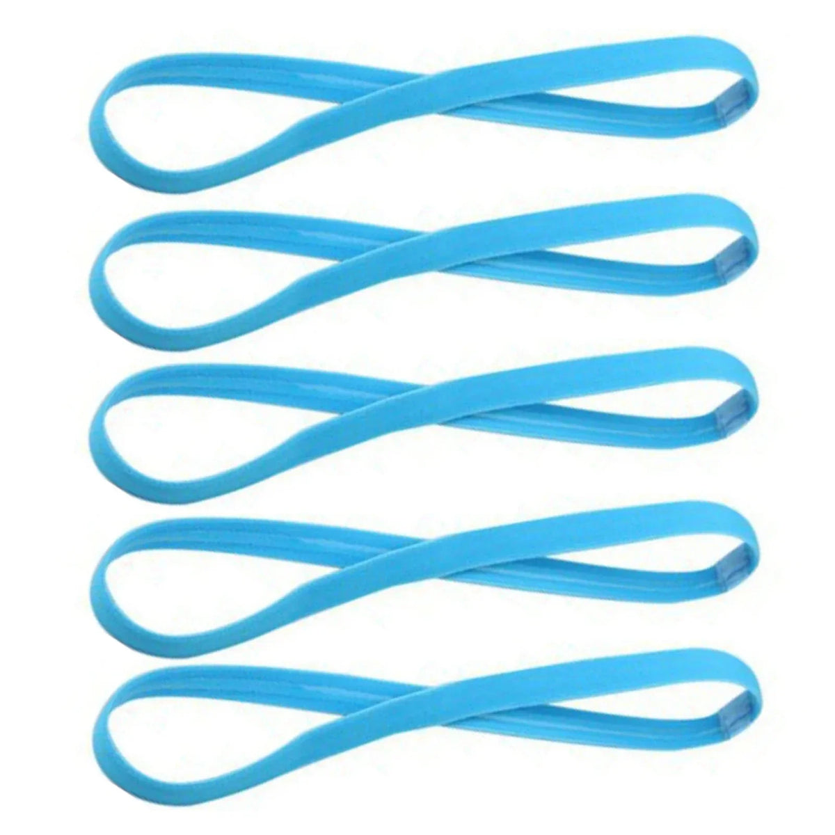 A pack of five bright blue elastic silicone sports headbands.