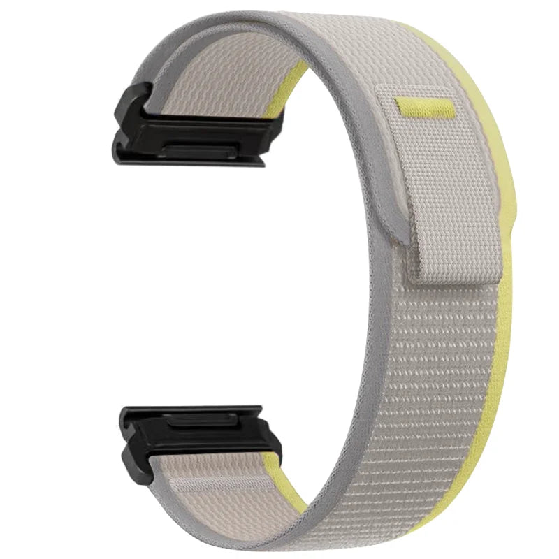A gray nylon strap with yellow accents for a Garmin sports watch.