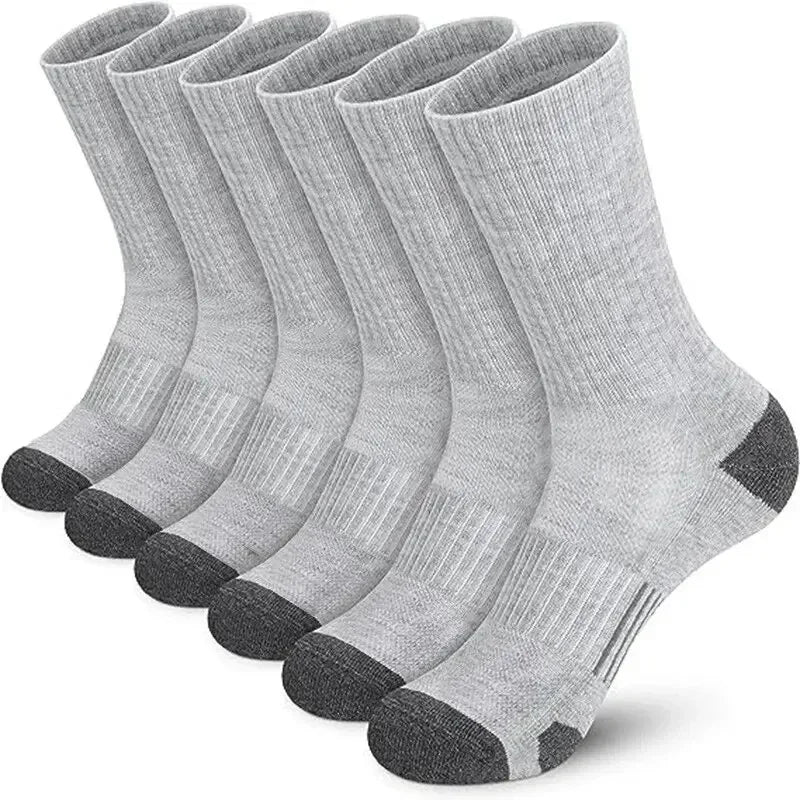 A pack of six gray men's outdoor gym football socks displayed vertically.