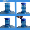 Four images showing reusable silicone water bottle lids being placed onto a clear bottle.