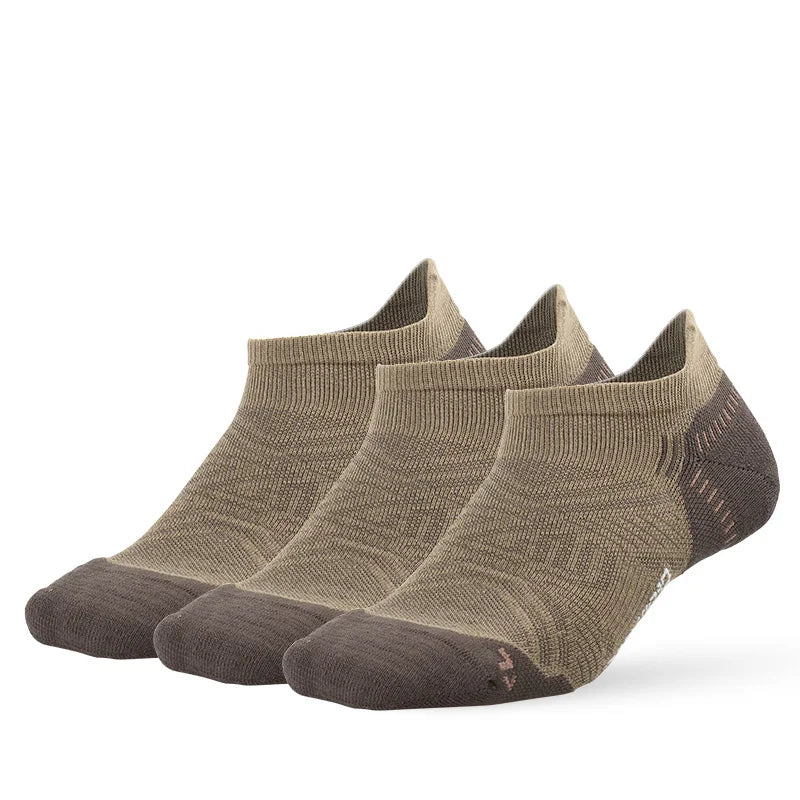 A pair of olive green breathable performance running socks lying flat.