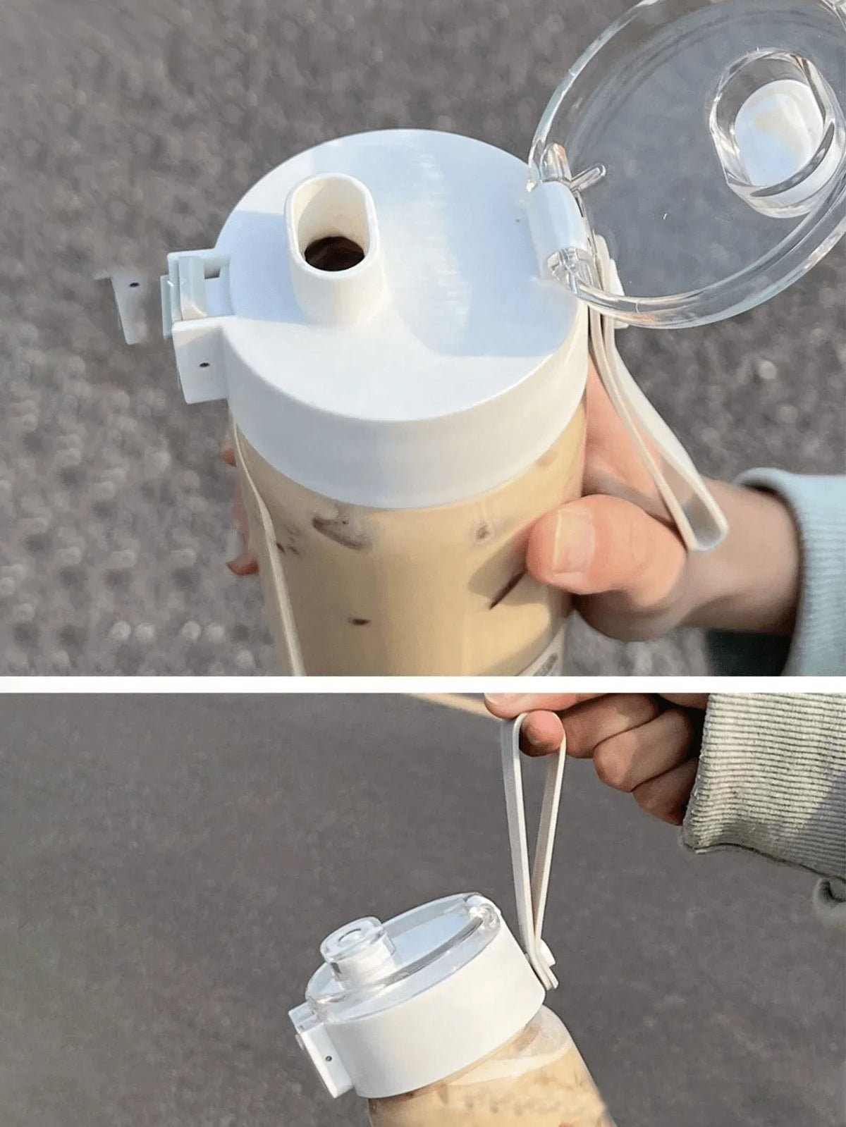 A hand is holding a white sports water bottle with a clear lid, showing the opening mechanism.