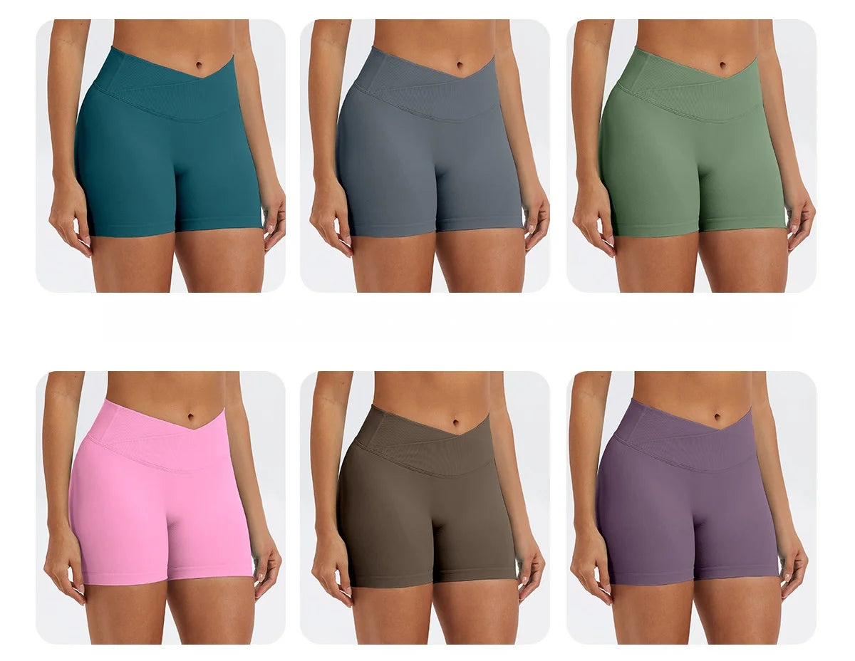 A collection of seamless high-waist yoga leggings in various shades of teal, gray, olive green, pink, and brown.