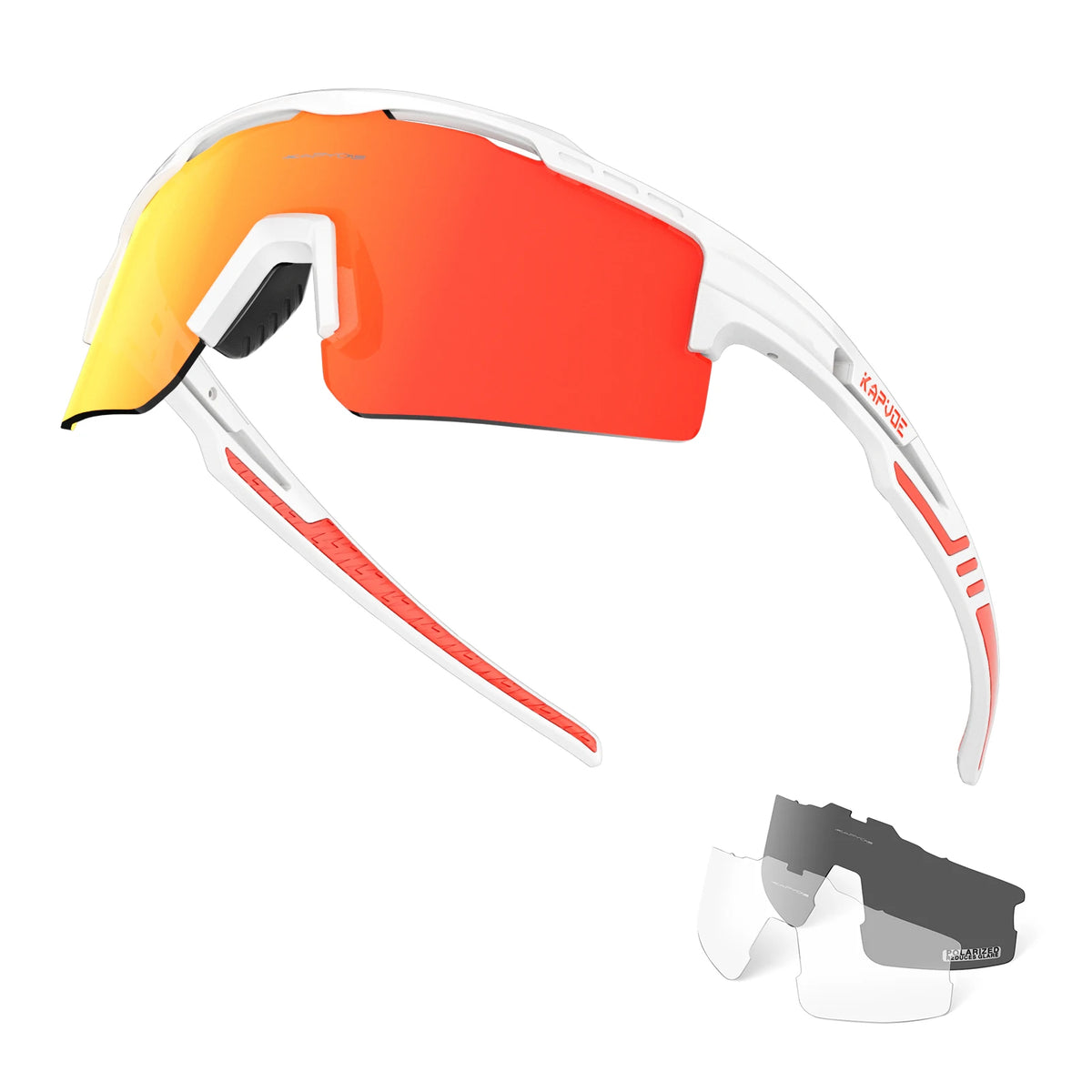 A pair of orange and red polarized sunglasses is shown with a detached arm, alongside a pair of black and white frames.