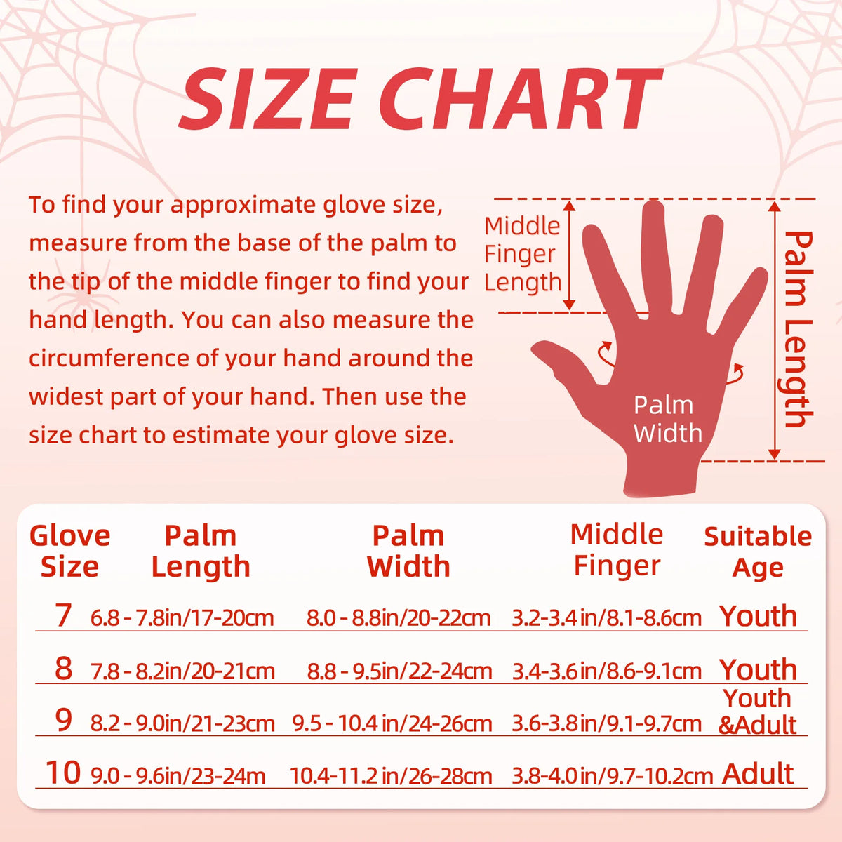 Size chart for goalkeeper gloves showing measurements for various sizes and ages.