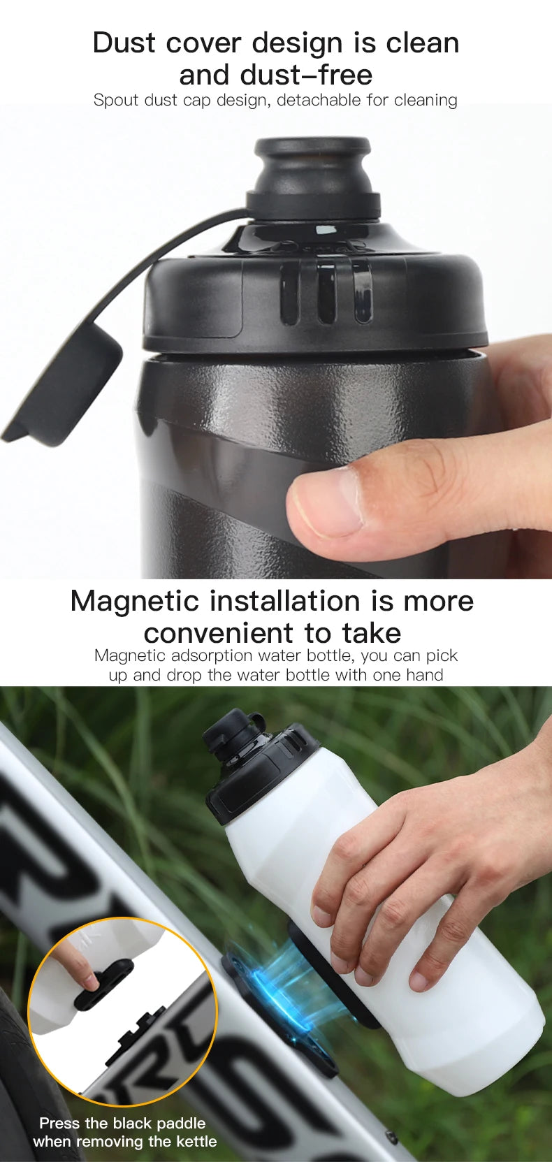 A hand is holding a white water bottle with a black magnetic cap, demonstrating the quick-release installation.