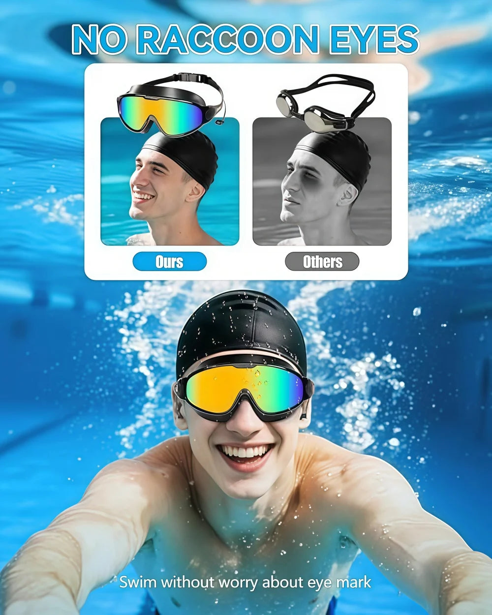 A man wearing orange anti-fog UV swim goggles is smiling underwater.