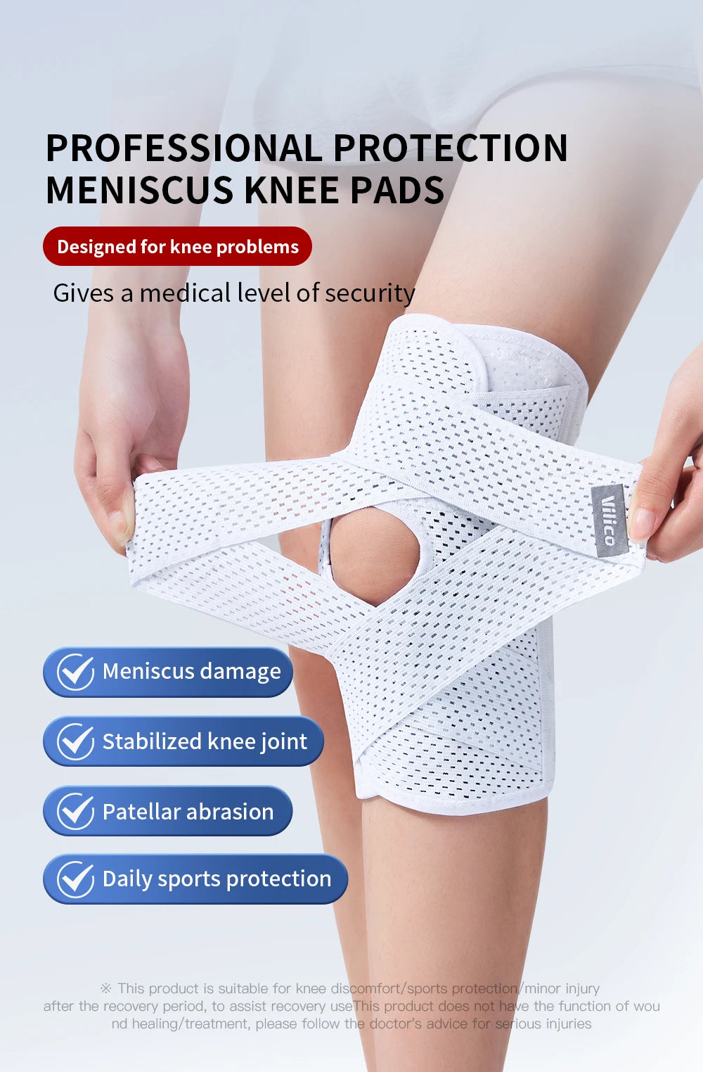 White elastic knee pads designed for professional protection and joint support on a person's leg.