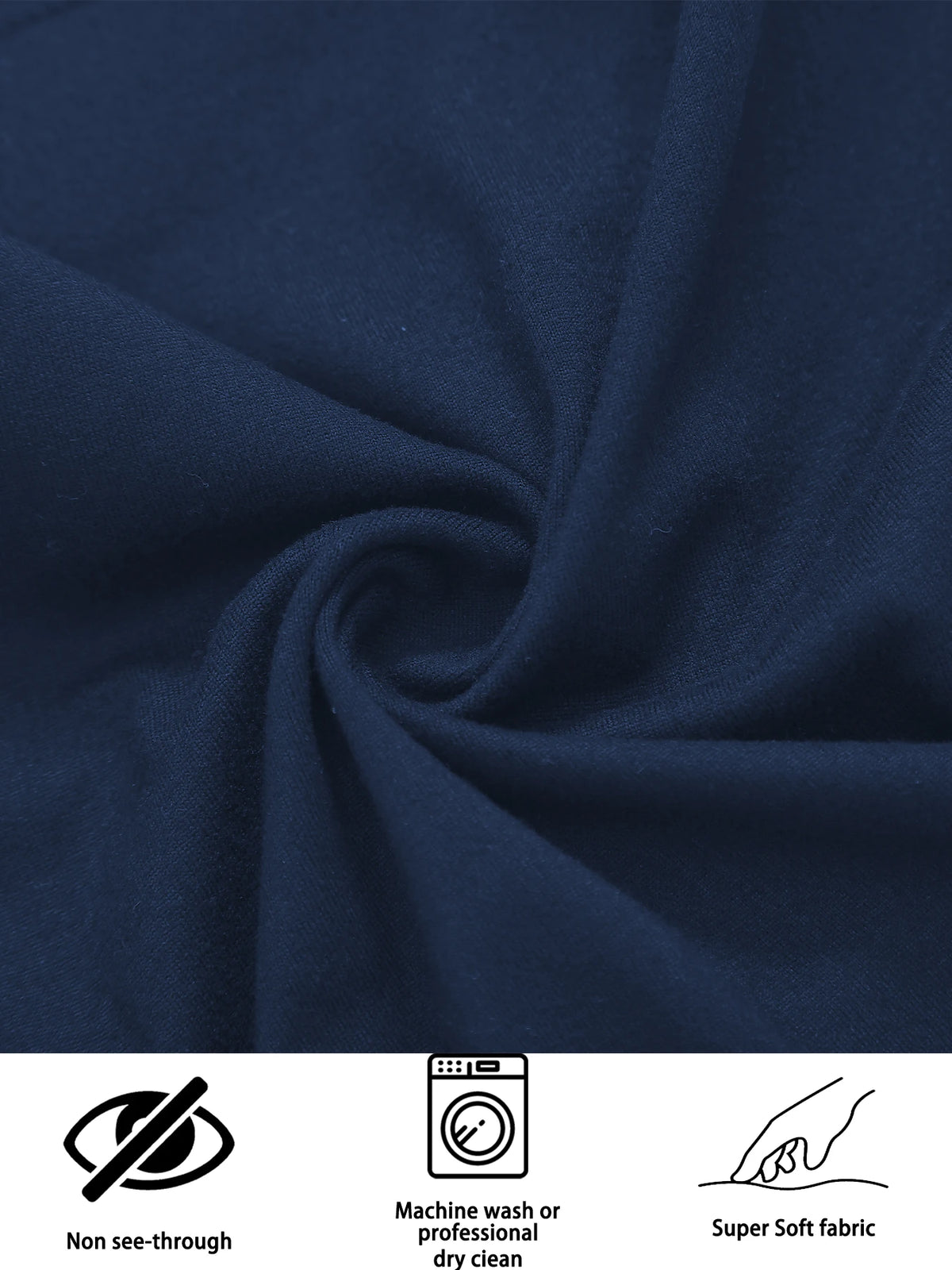 Dark navy blue fabric in a gathered swirl, highlighting non see-through and super soft features of yoga leggings.