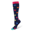 A pair of navy blue compression socks with colorful heart patterns and a pink cuff.