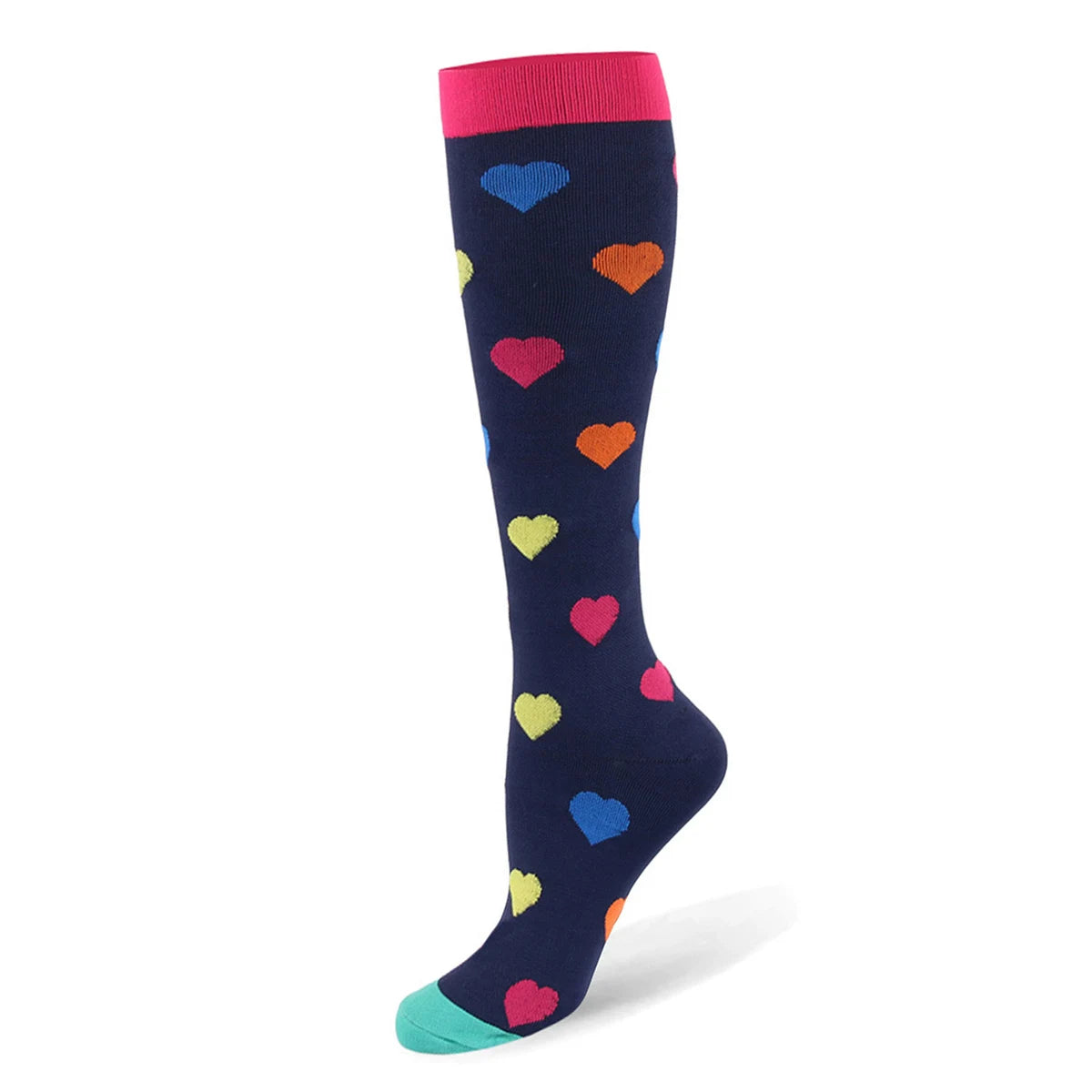A pair of navy blue compression socks with colorful heart patterns and a pink cuff.