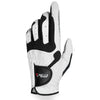 A white and black breathable microfiber golf and sports glove shown from the palm side.