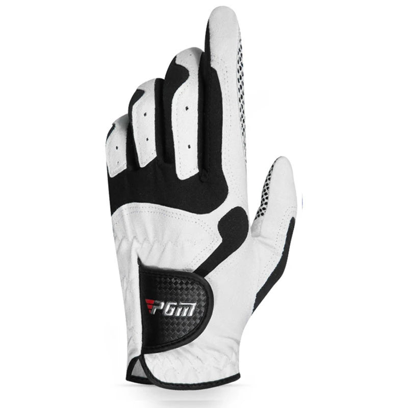 A white and black breathable microfiber golf and sports glove shown from the palm side.
