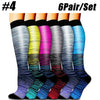 A set of six pairs of compression socks in various colors and patterns displayed vertically.