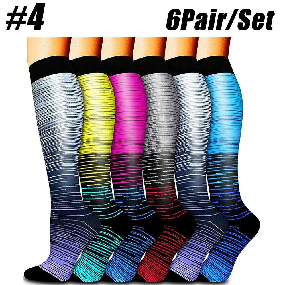 A set of six pairs of compression socks in various colors and patterns displayed vertically.