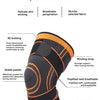 A black knee pad brace with orange accents is shown, highlighting features like 3D knitting and pressure stability.