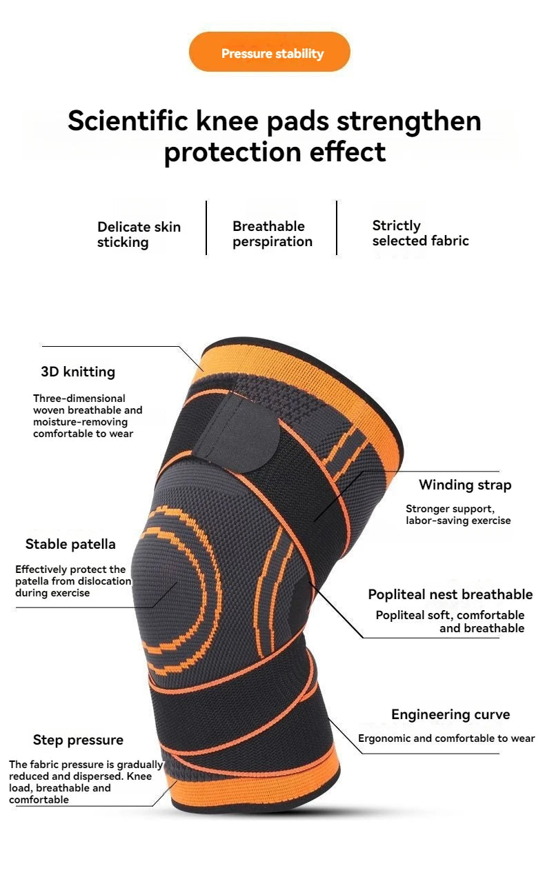 A black knee pad brace with orange accents is shown, highlighting features like 3D knitting and pressure stability.