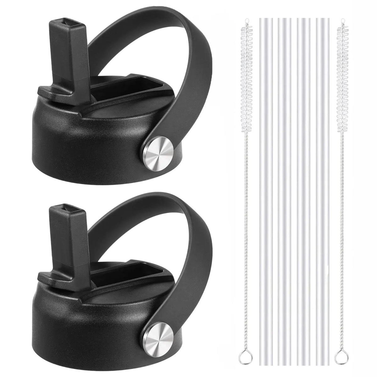 Schwarze flexible Strohdeckel für Wasserflaschen in zwei Ansichten