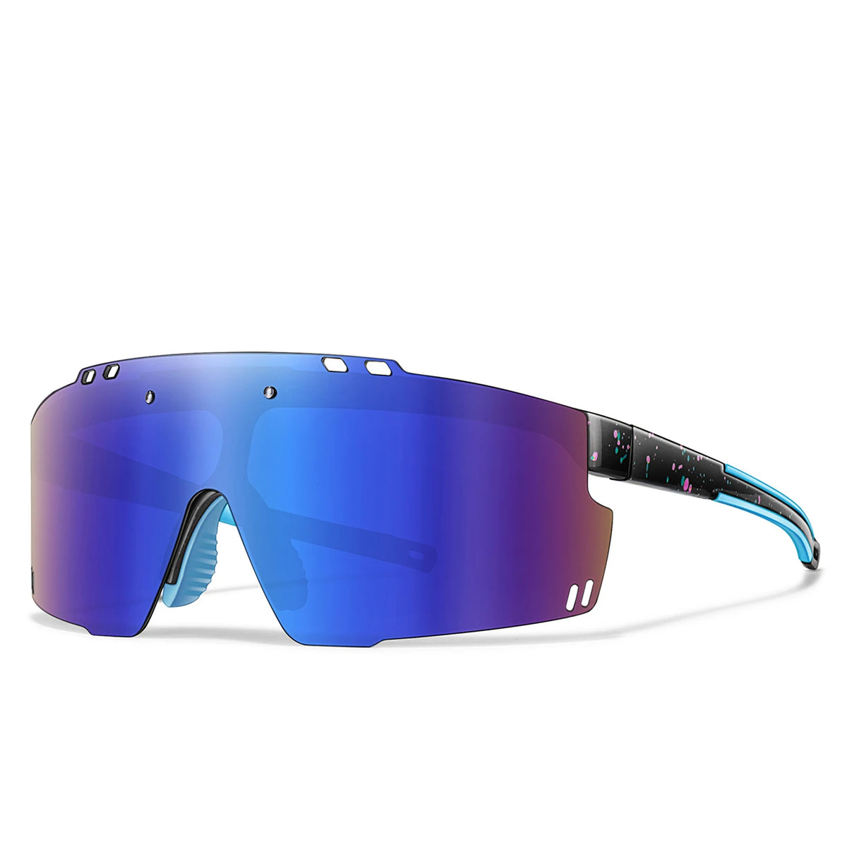 A pair of blue polarized cycling sunglasses with black frames and a purple lens.