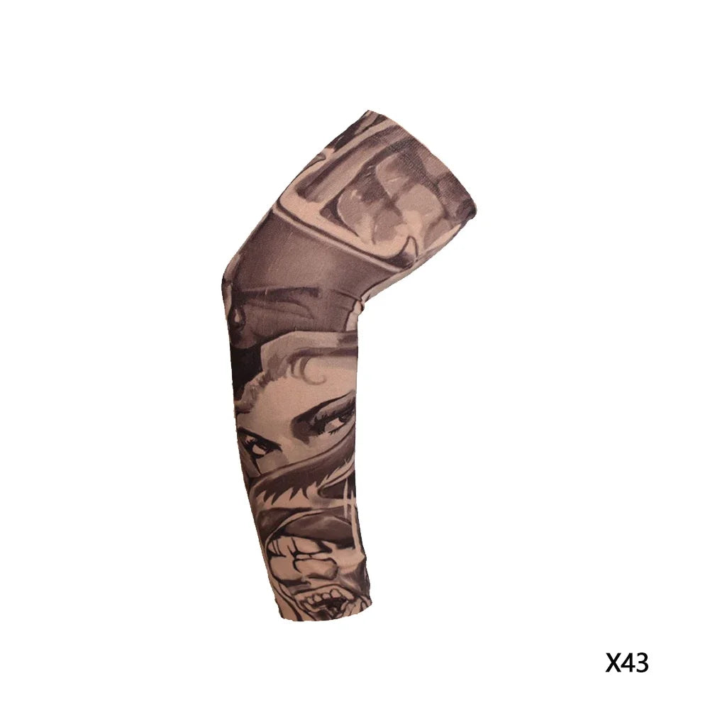 A dark gray reusable stretch tattoo arm sleeve featuring a detailed face design.