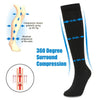 Black knee-high compression stockings demonstrating gradual pressure distribution up the leg.