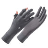 A pair of gray UV protection ice silk driving and cycling gloves shown against a white background.