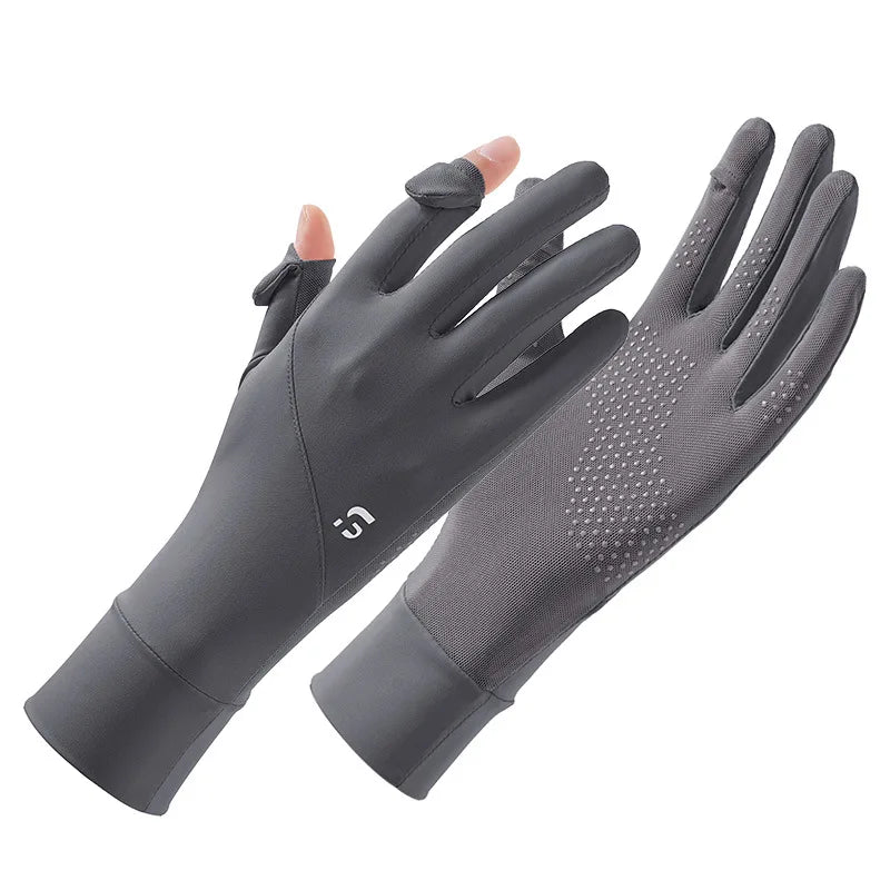 A pair of gray UV protection ice silk driving and cycling gloves shown against a white background.