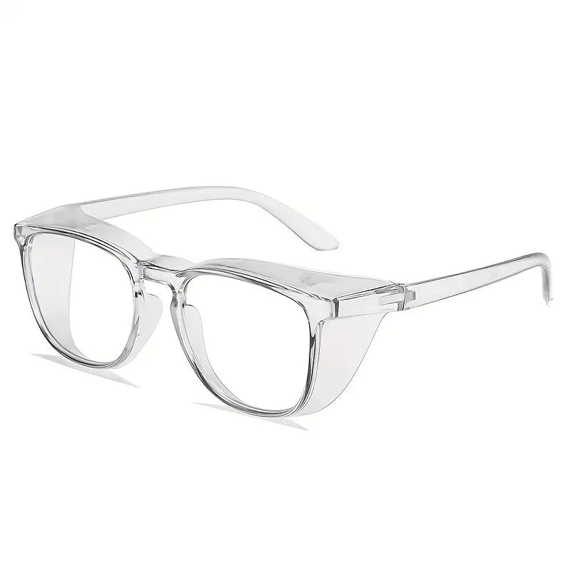 Gafas de seguridad transparentes con marco y correa flexible, diseñadas para protección.