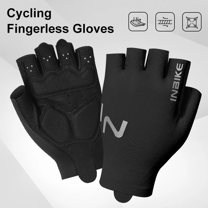 A pair of black cycling fingerless gloves shown with icons indicating features.