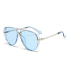 A pair of light blue tinted fashion protective sunglasses with silver metal frames.
