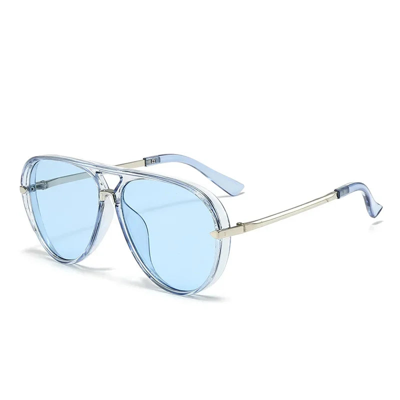 A pair of light blue tinted fashion protective sunglasses with silver metal frames.