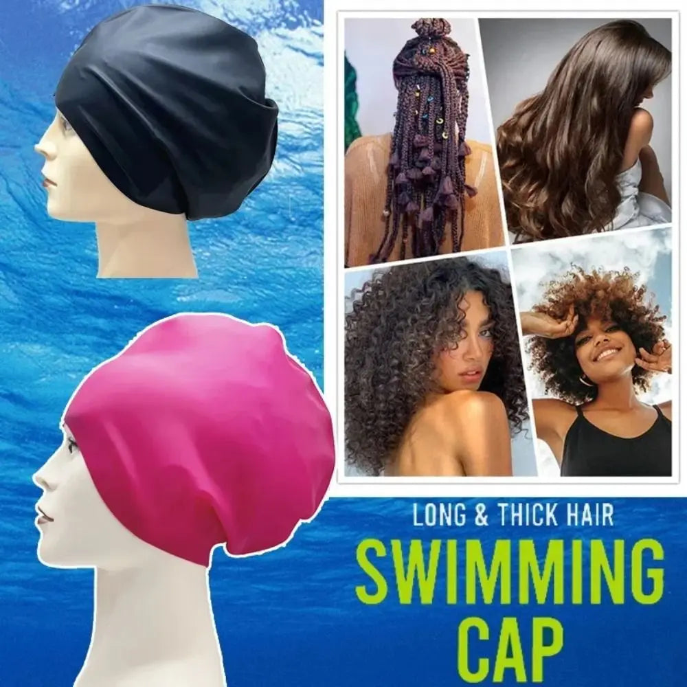 A collage showing a black and pink silicone swimming cap on a mannequin head with long and thick hair.
