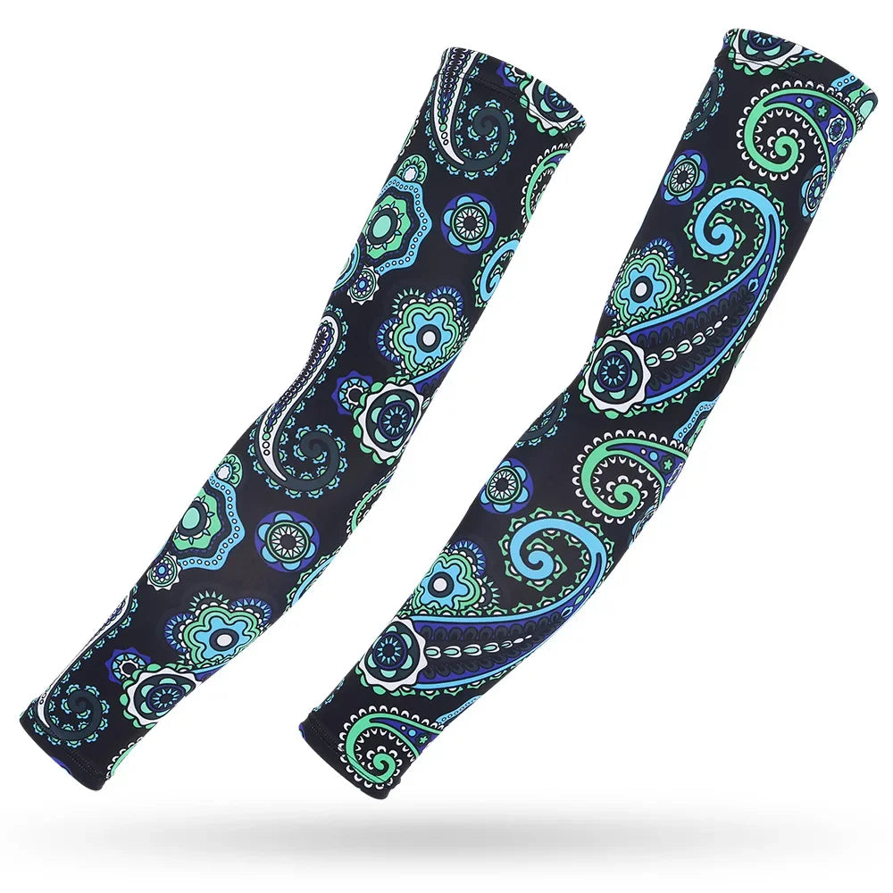 Pair of dark blue and teal patterned ice silk arm sleeves for sun and heat protection