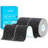 Rolls of black kinesiology tape with light blue accents and an original box.