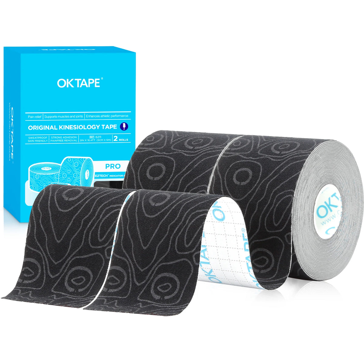 Rolls of black kinesiology tape with light blue accents and an original box.
