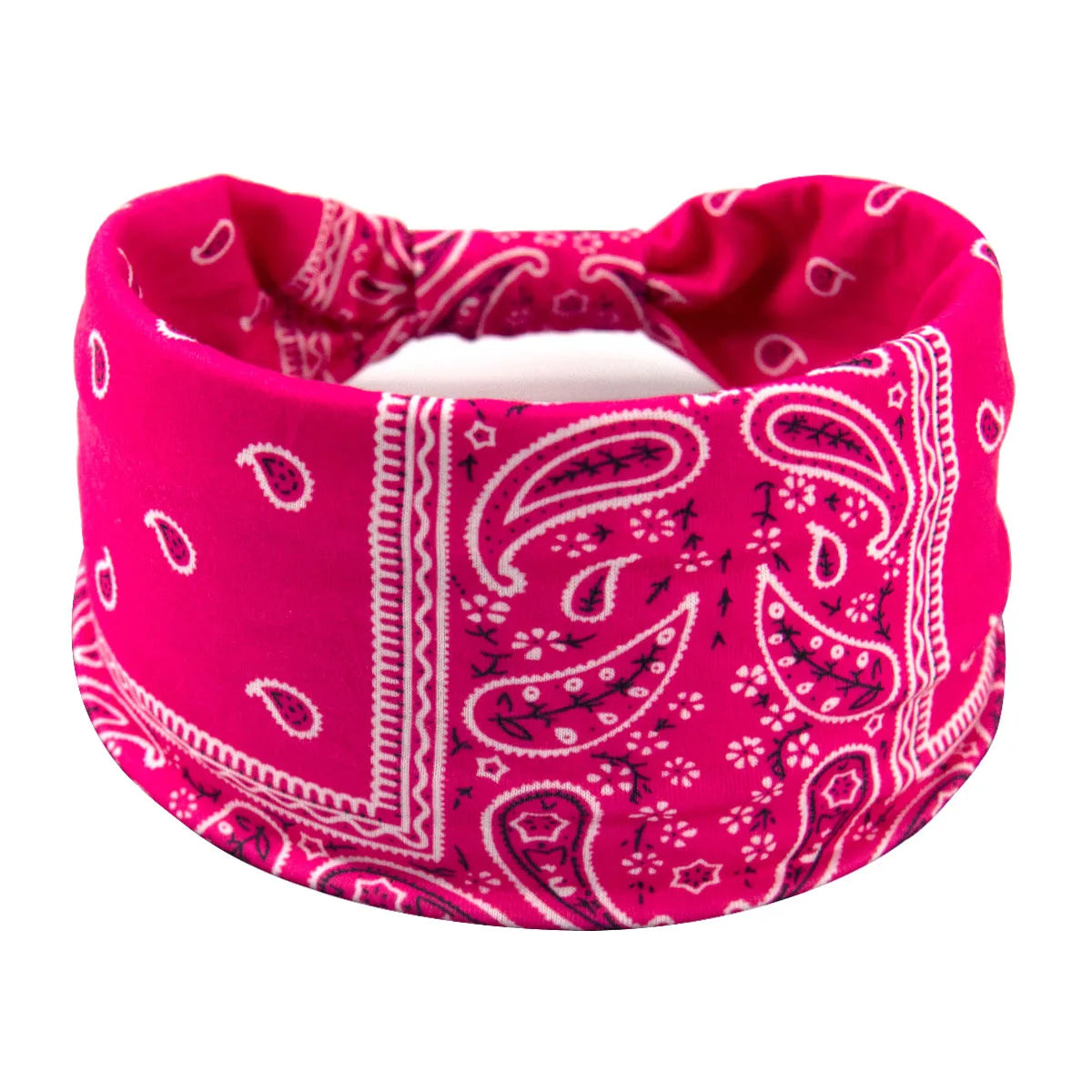 Helle pinke Boho-Twist-Haube mit feinen weißen Paisley- und Blumenmustern.